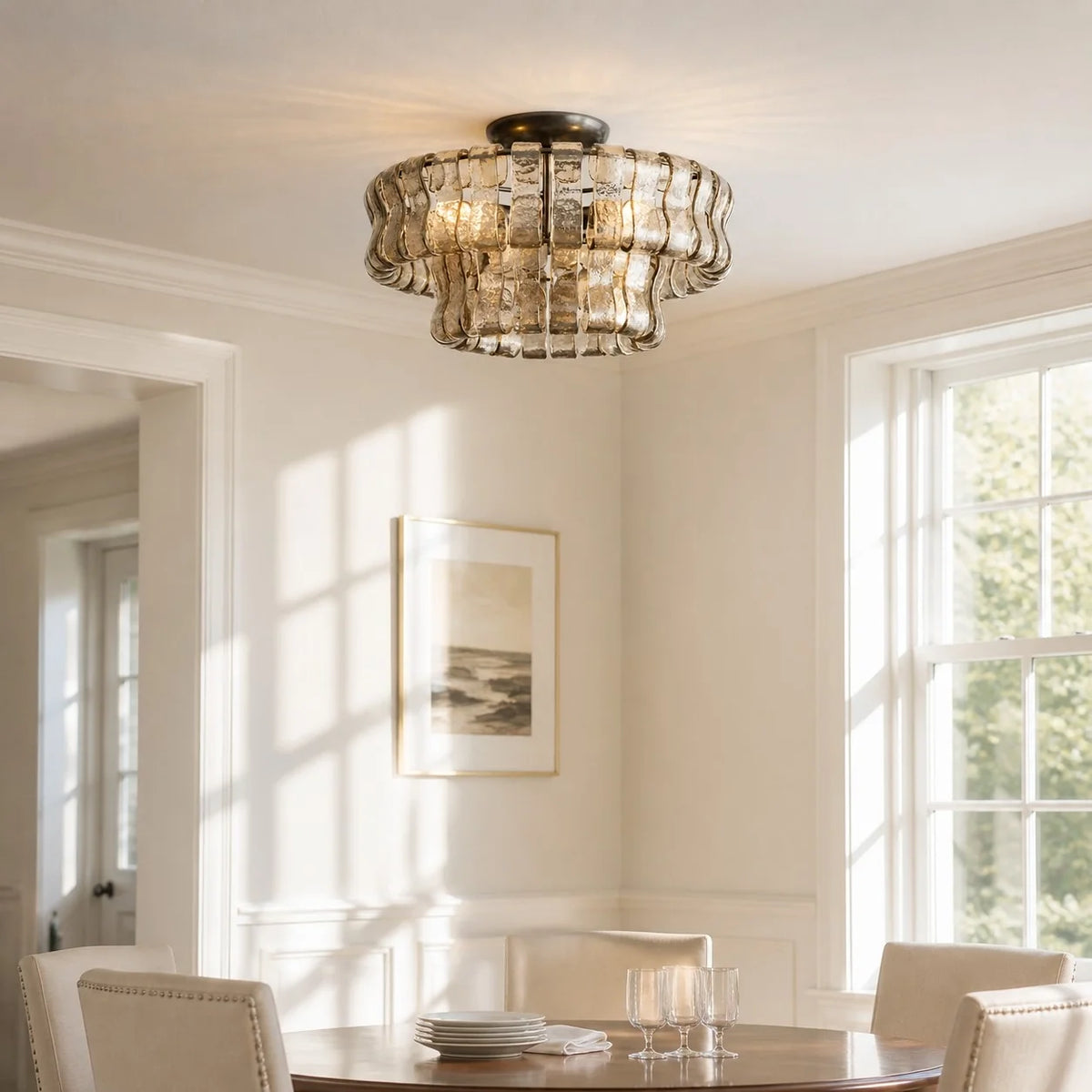 Anew Italian Glass Flush Mount Chandelier, Modern Tiered Glass Fixture