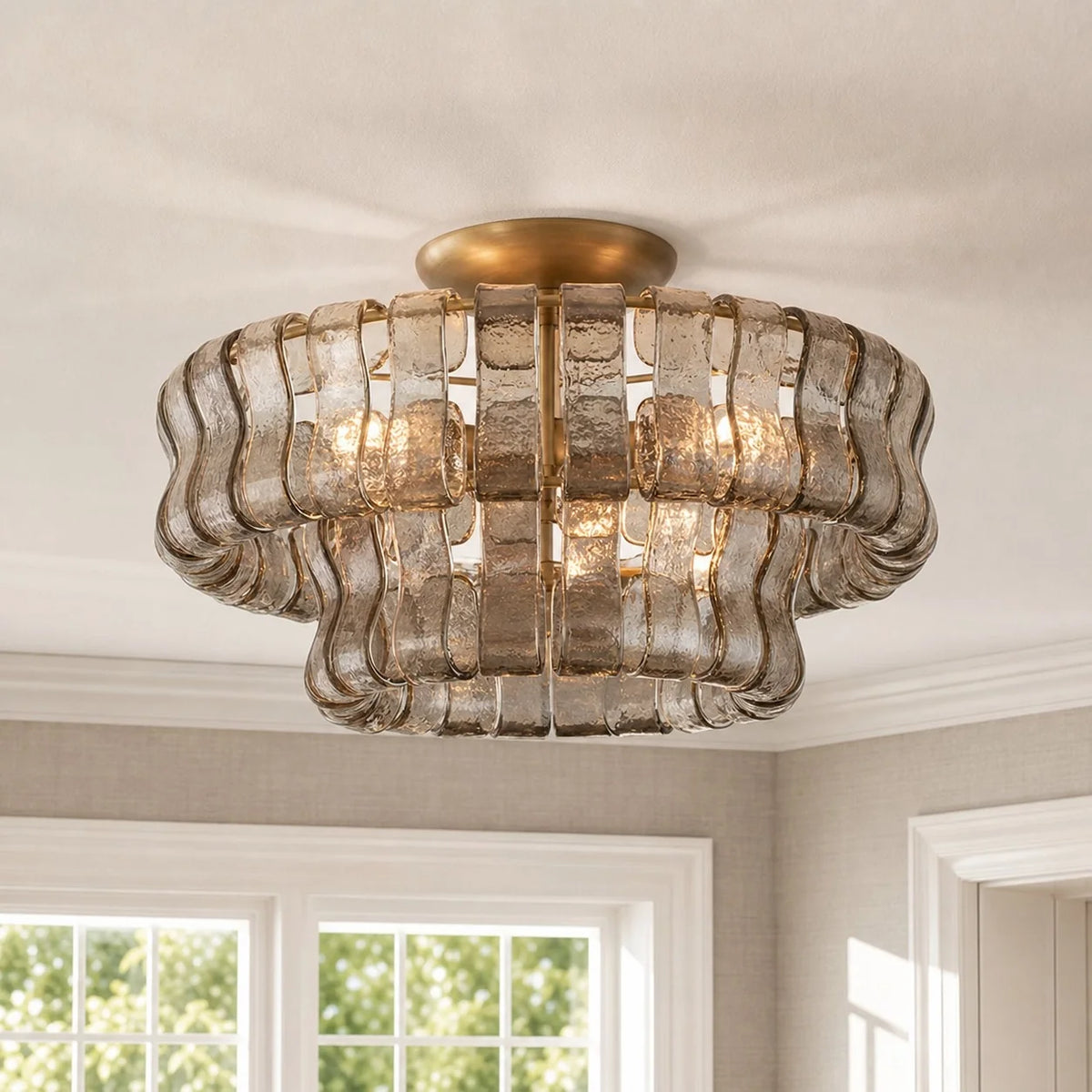Anew Italian Glass Flush Mount Chandelier, Modern Tiered Glass Fixture