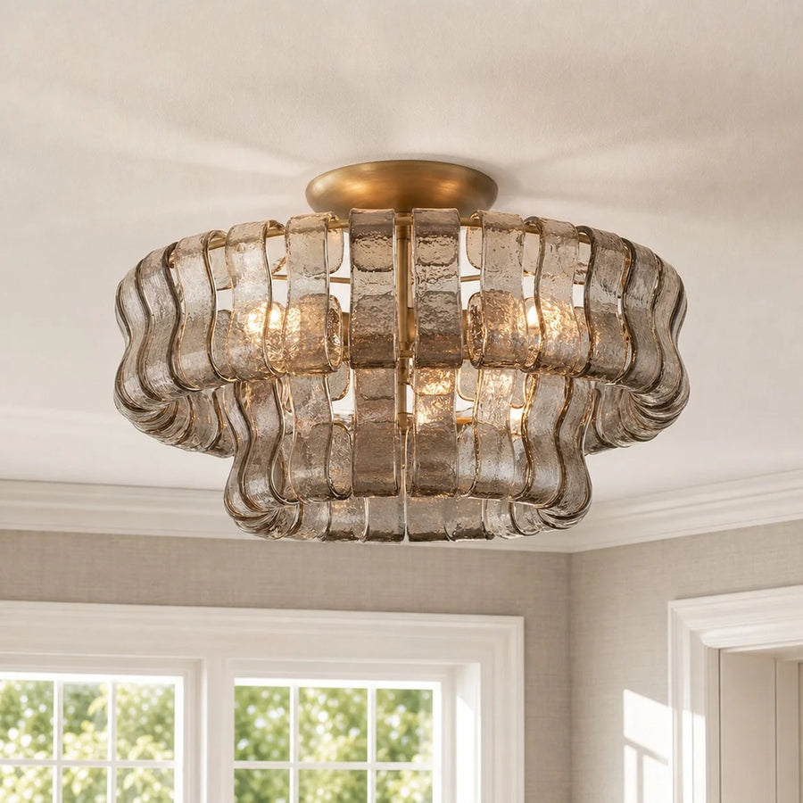 Anew Italian Glass Flush Mount Chandelier, Modern Tiered Glass Fixture