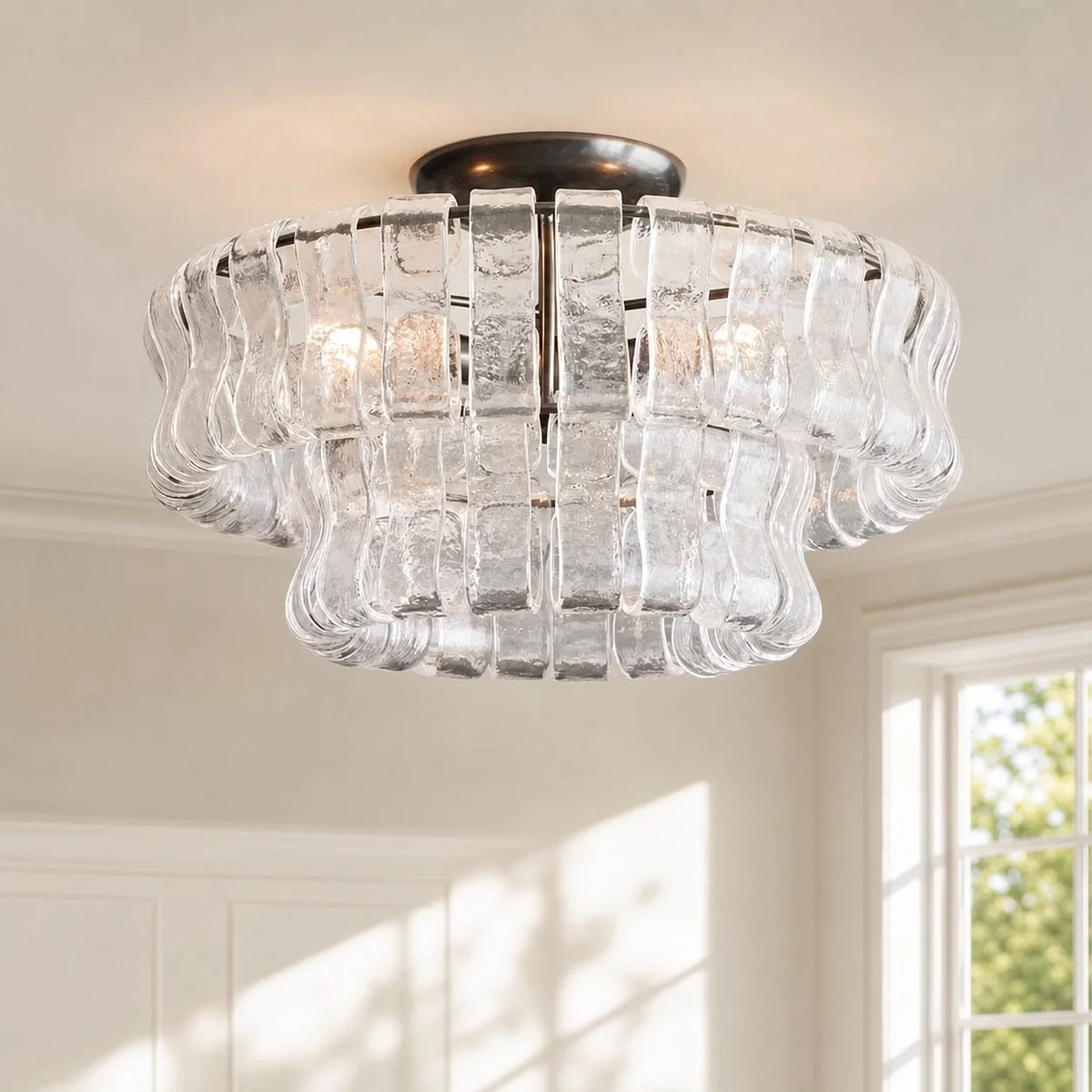 Anew Italian Glass Flush Mount Chandelier, Modern Tiered Glass Fixture
