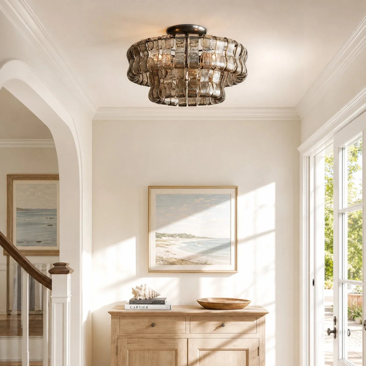 Anew Italian Glass Flush Mount Chandelier, Modern Tiered Glass Fixture
