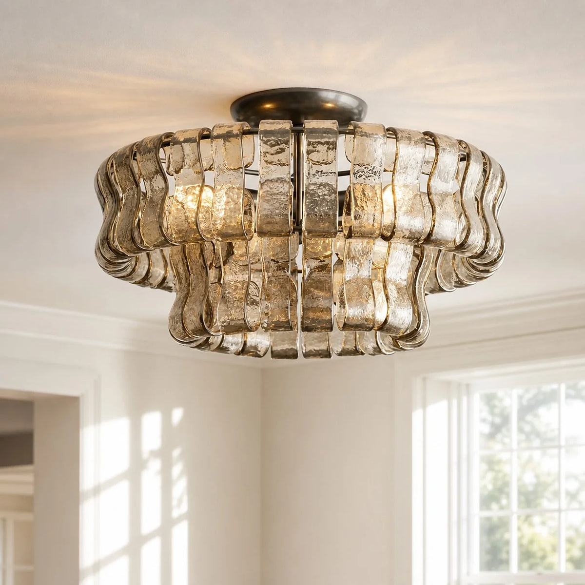 Anew Italian Glass Flush Mount Chandelier, Modern Tiered Glass Fixture