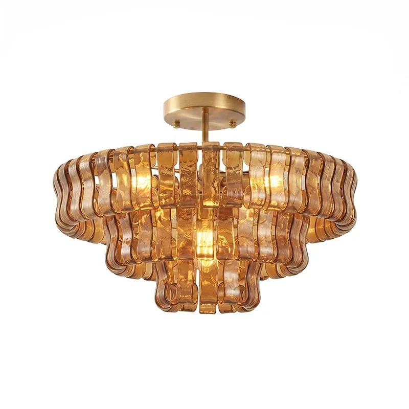 Anew Italian Glass Flush Mount Chandelier, Modern Tiered Glass Fixture