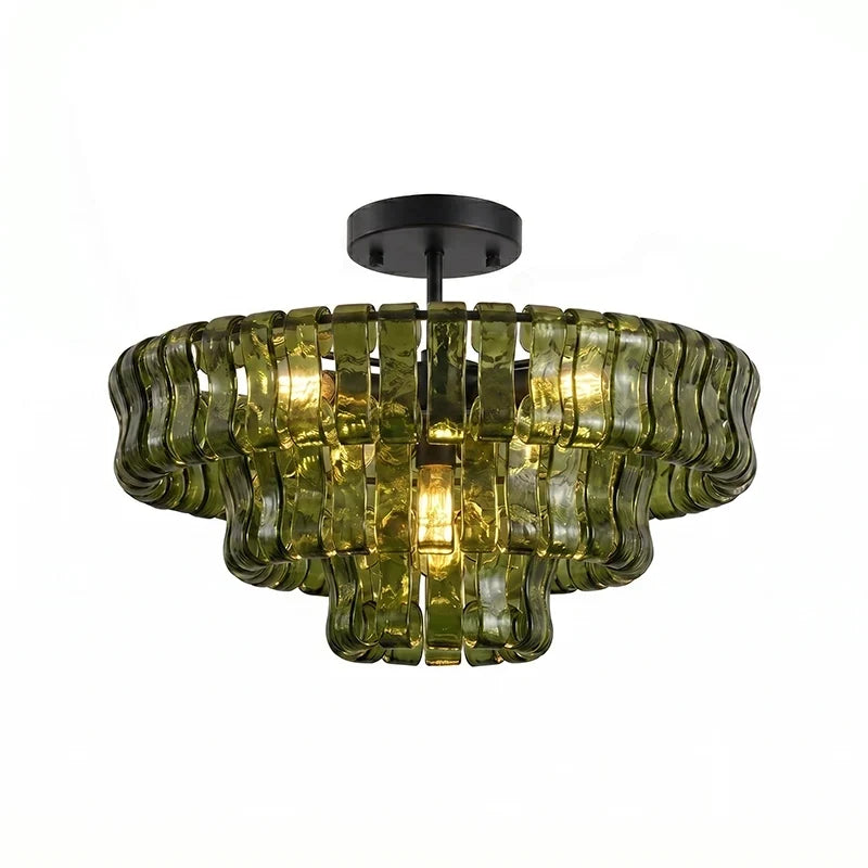 Anew Italian Glass Flush Mount Chandelier, Modern Tiered Glass Fixture