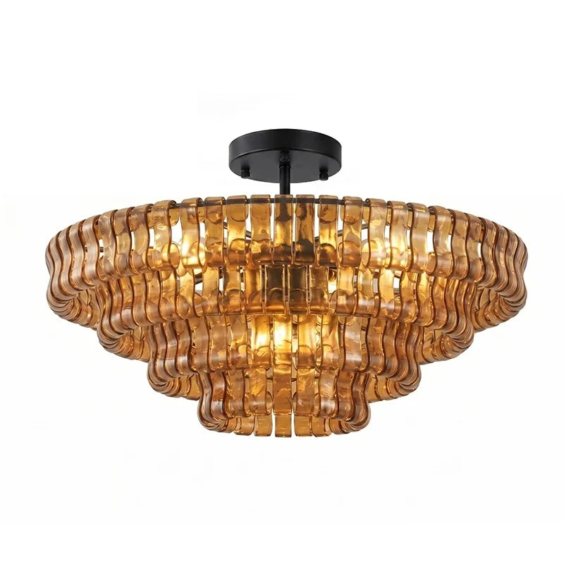 Anew Italian Glass Flush Mount Chandelier, Modern Tiered Glass Fixture