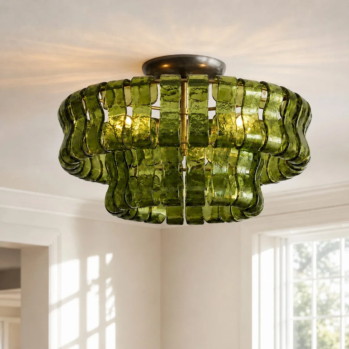 Anew Italian Glass Flush Mount Chandelier, Modern Tiered Glass Fixture