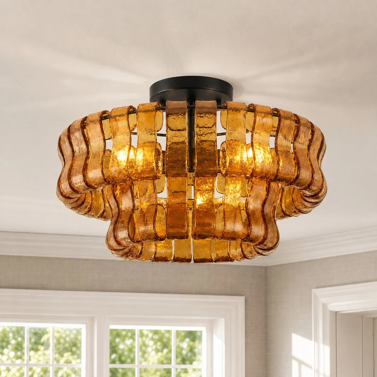 Anew Italian Glass Flush Mount Chandelier, Modern Tiered Glass Fixture