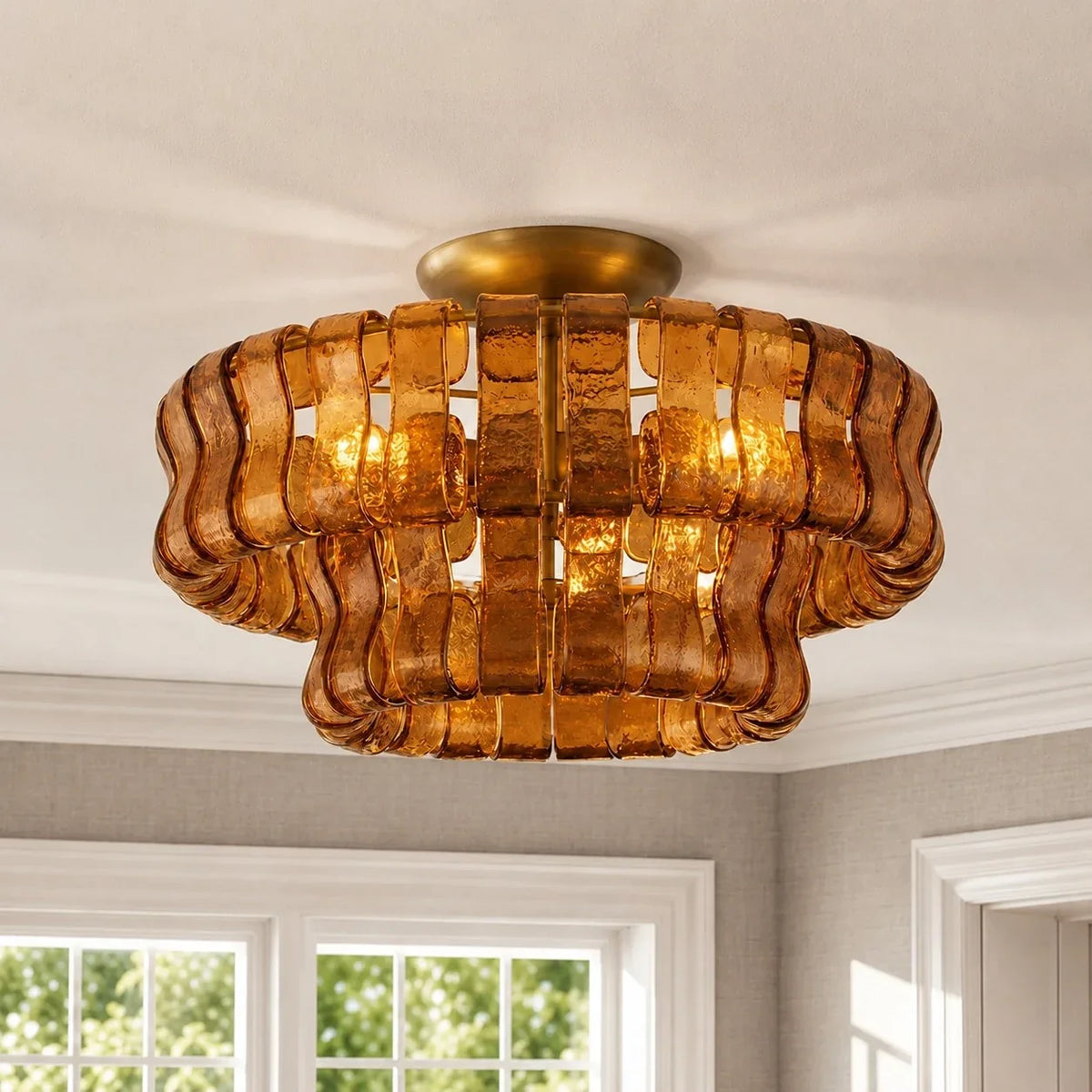 Anew Italian Glass Flush Mount Chandelier, Modern Tiered Glass Fixture