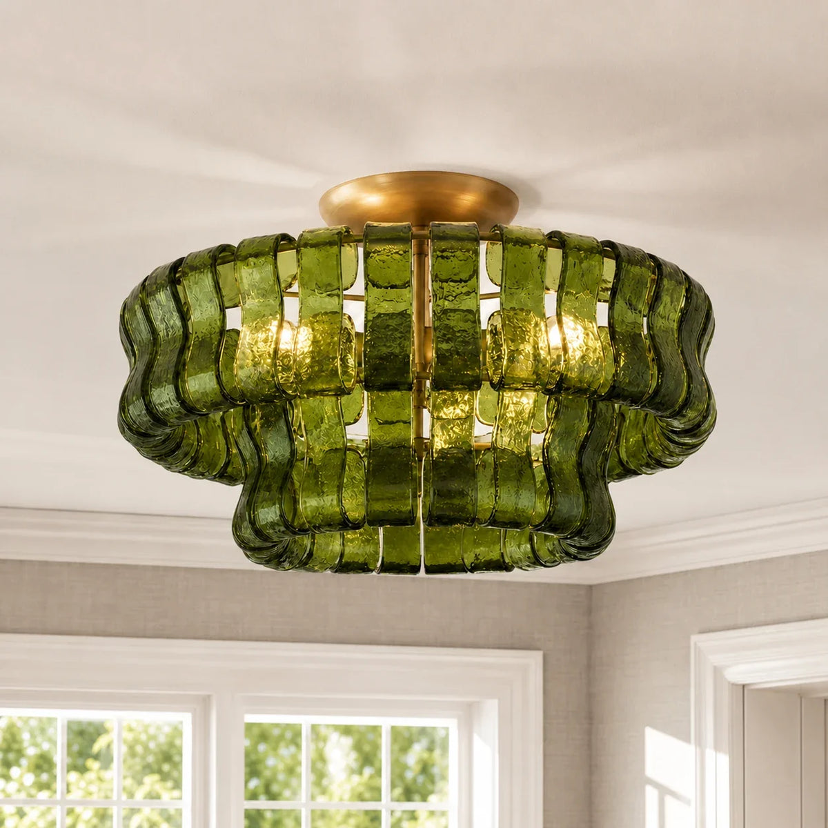 Anew Italian Glass Flush Mount Chandelier, Modern Tiered Glass Fixture