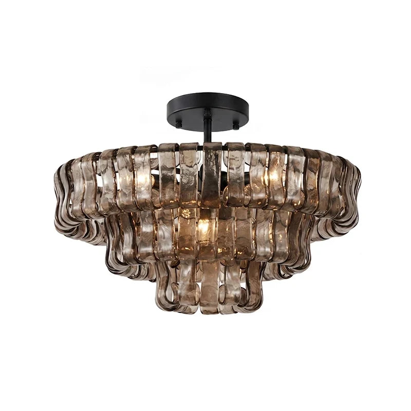 Anew Italian Glass Flush Mount Chandelier, Modern Tiered Glass Fixture