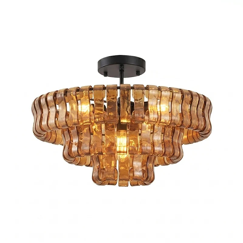 Anew Italian Glass Flush Mount Chandelier, Modern Tiered Glass Fixture