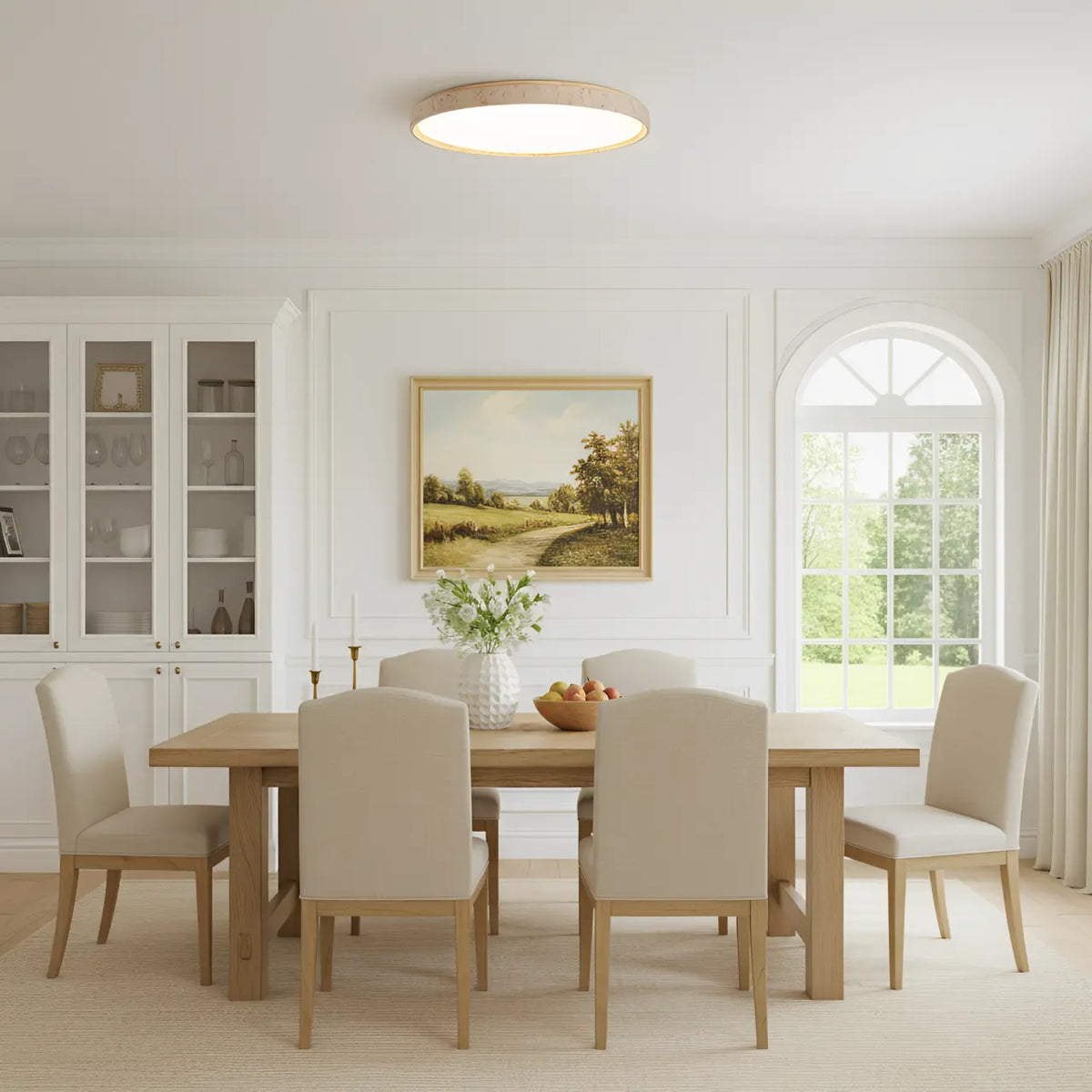 Dara Travertine Round Ceiling Light, Modern Minimalist Wood-Tone Fixture