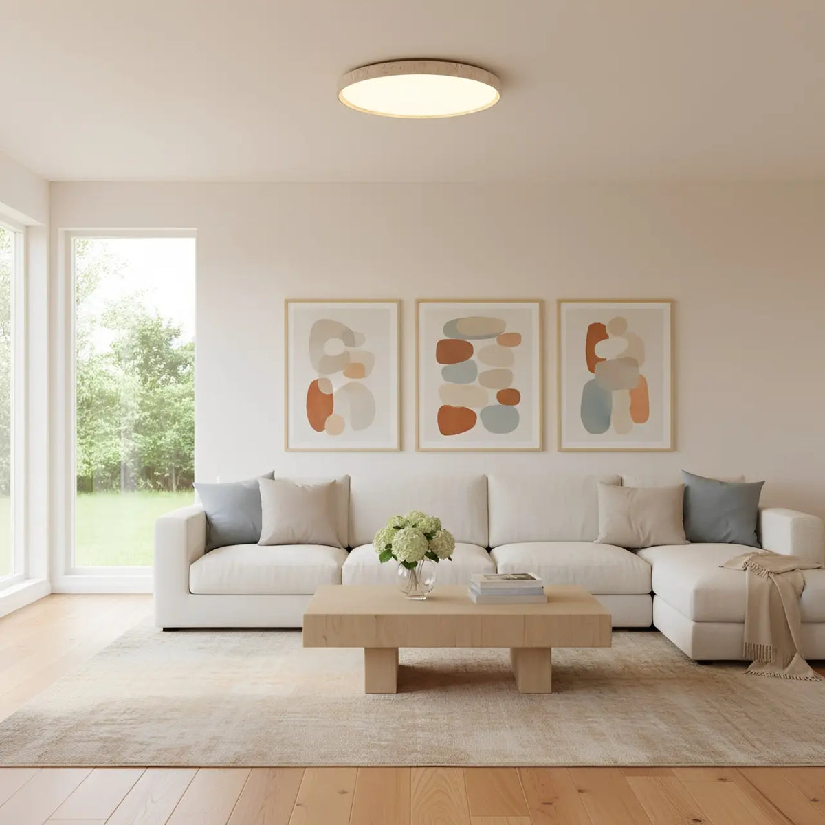 Dara Travertine Round Ceiling Light, Modern Minimalist Wood-Tone Fixture