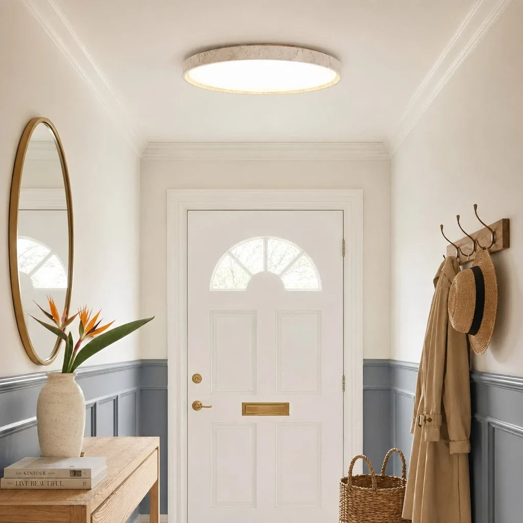 Dara Travertine Round Ceiling Light, Modern Minimalist Wood-Tone Fixture