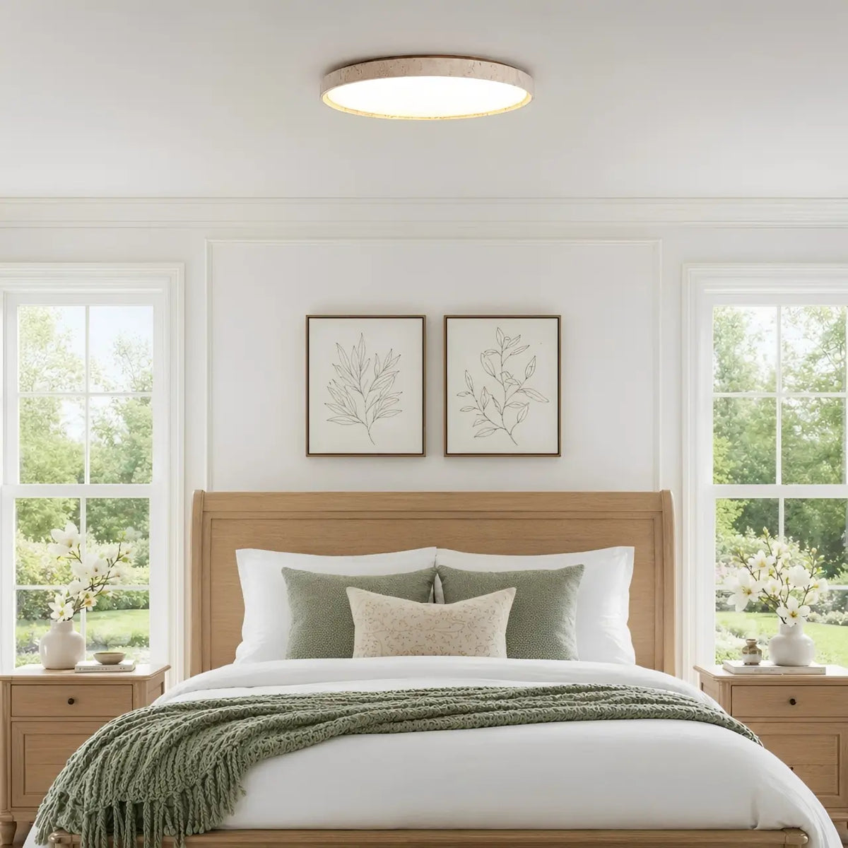 Dara Travertine Round Ceiling Light, Modern Minimalist Wood-Tone Fixture