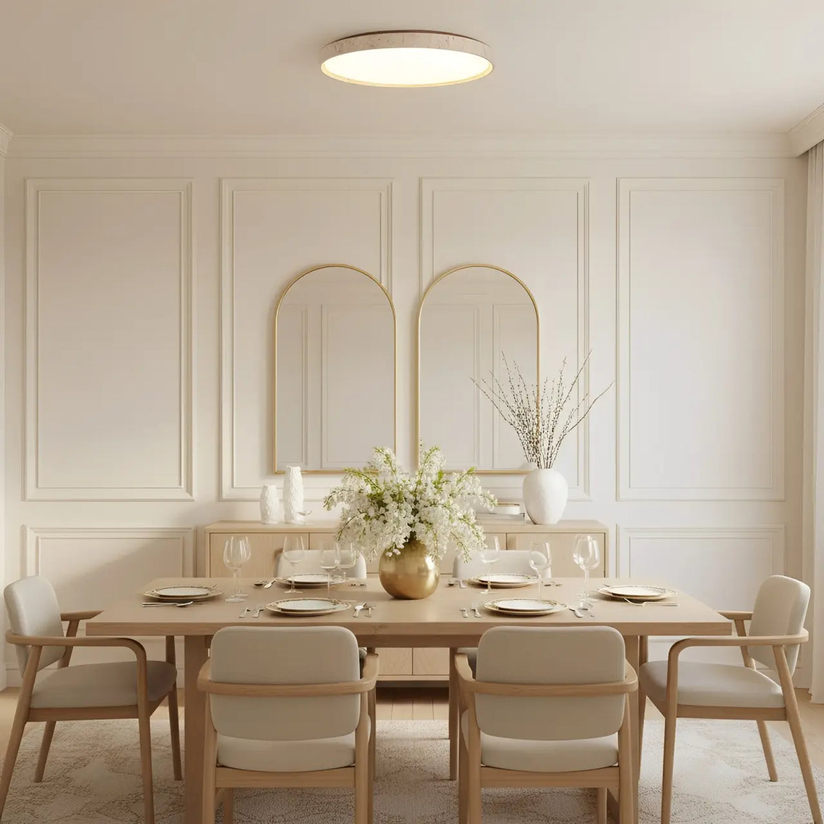 Dara Travertine Round Ceiling Light, Modern Minimalist Wood-Tone Fixture