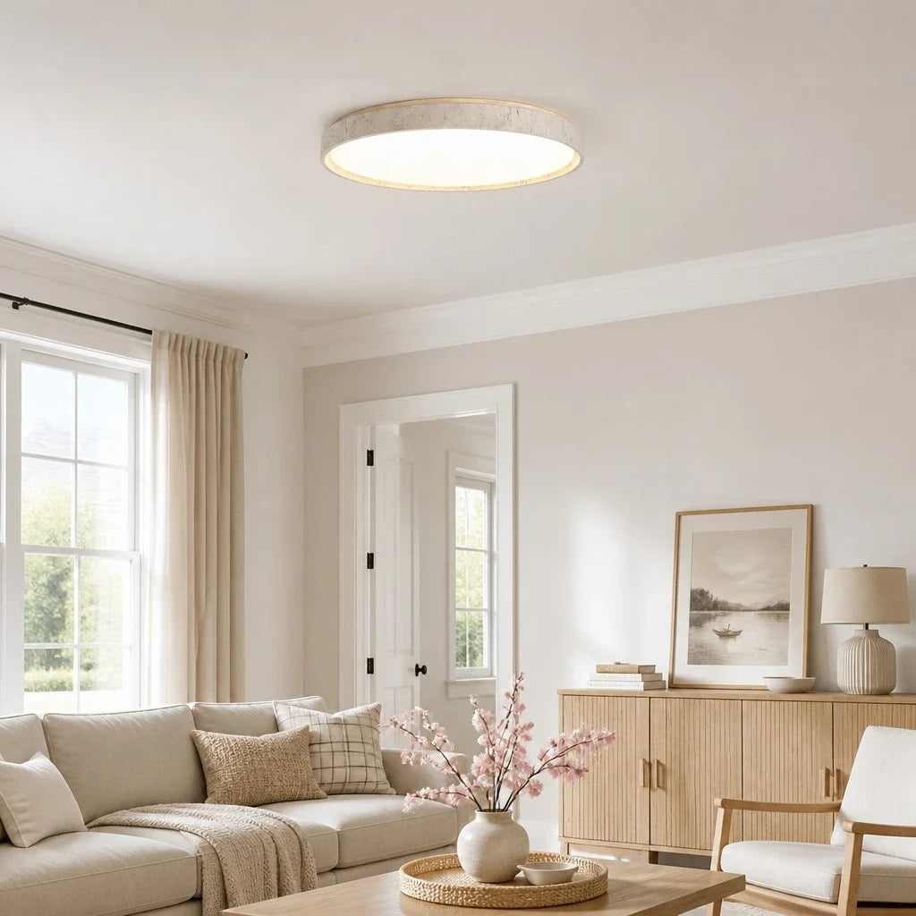 Dara Travertine Round Ceiling Light, Modern Minimalist Wood-Tone Fixture