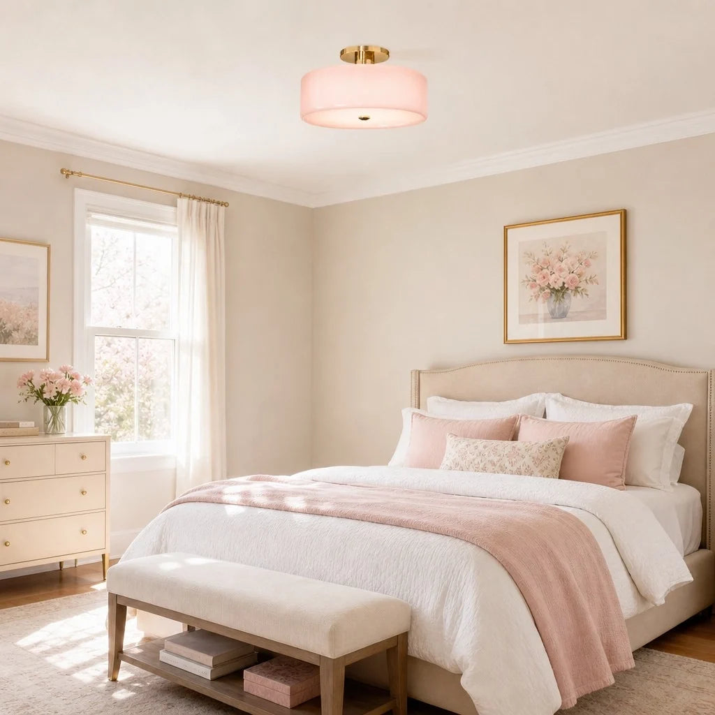 Evron Drum Semi Flush Mount Ceiling Light, Modern Glass and Porcelain Fixture
