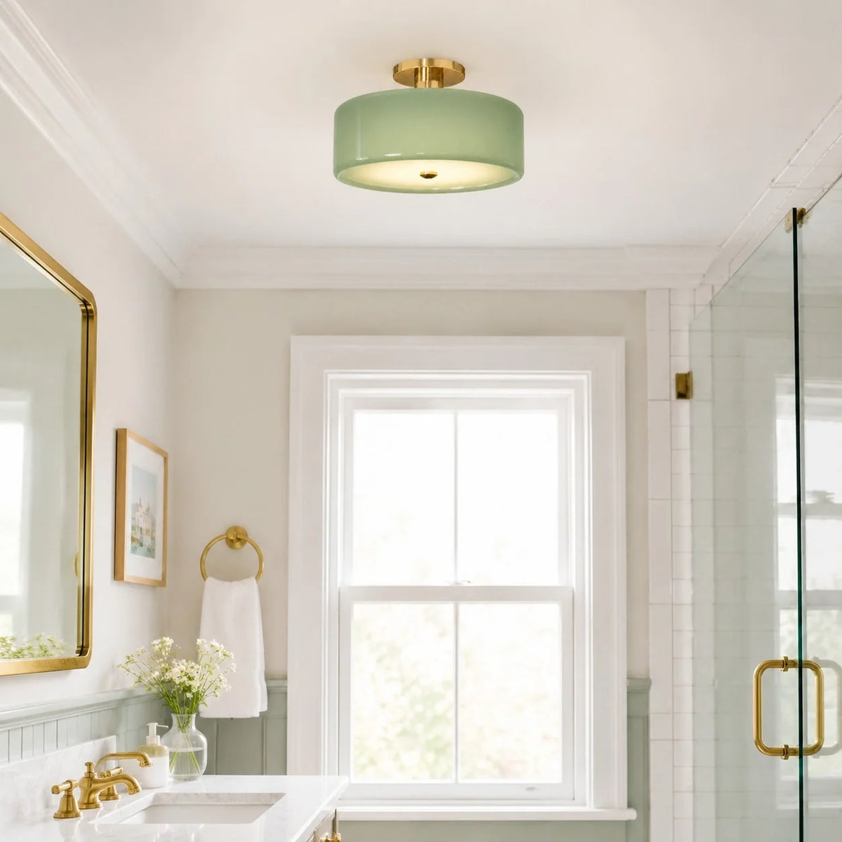Evron Drum Semi Flush Mount Ceiling Light, Modern Glass and Porcelain Fixture