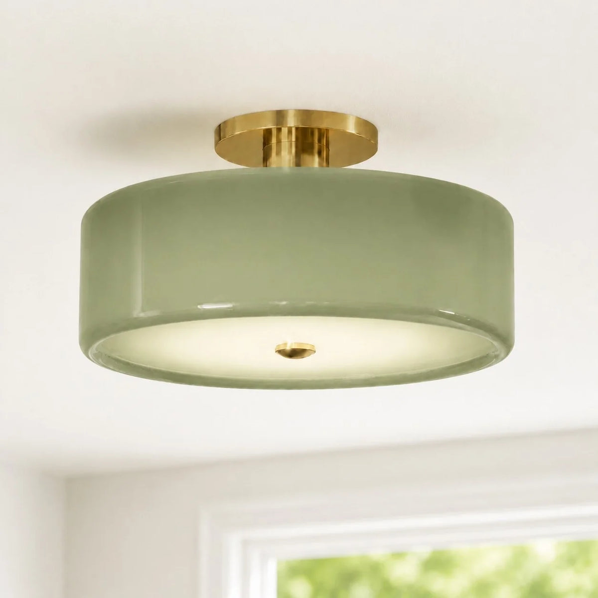 Evron Drum Semi Flush Mount Ceiling Light, Modern Glass and Porcelain Fixture