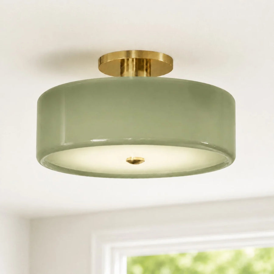 Evron Drum Semi Flush Mount Ceiling Light, Modern Glass and Porcelain Fixture
