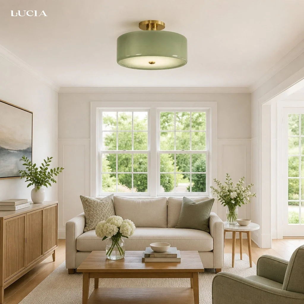 Evron Drum Semi Flush Mount Ceiling Light, Modern Glass and Porcelain Fixture
