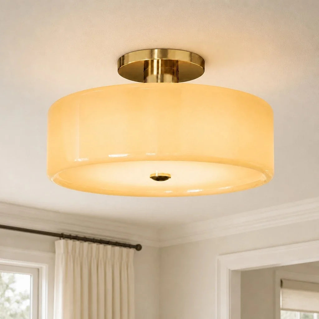 Evron Drum Semi Flush Mount Ceiling Light, Modern Glass and Porcelain Fixture