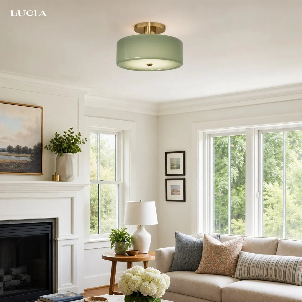 Evron Drum Semi Flush Mount Ceiling Light, Modern Glass and Porcelain Fixture
