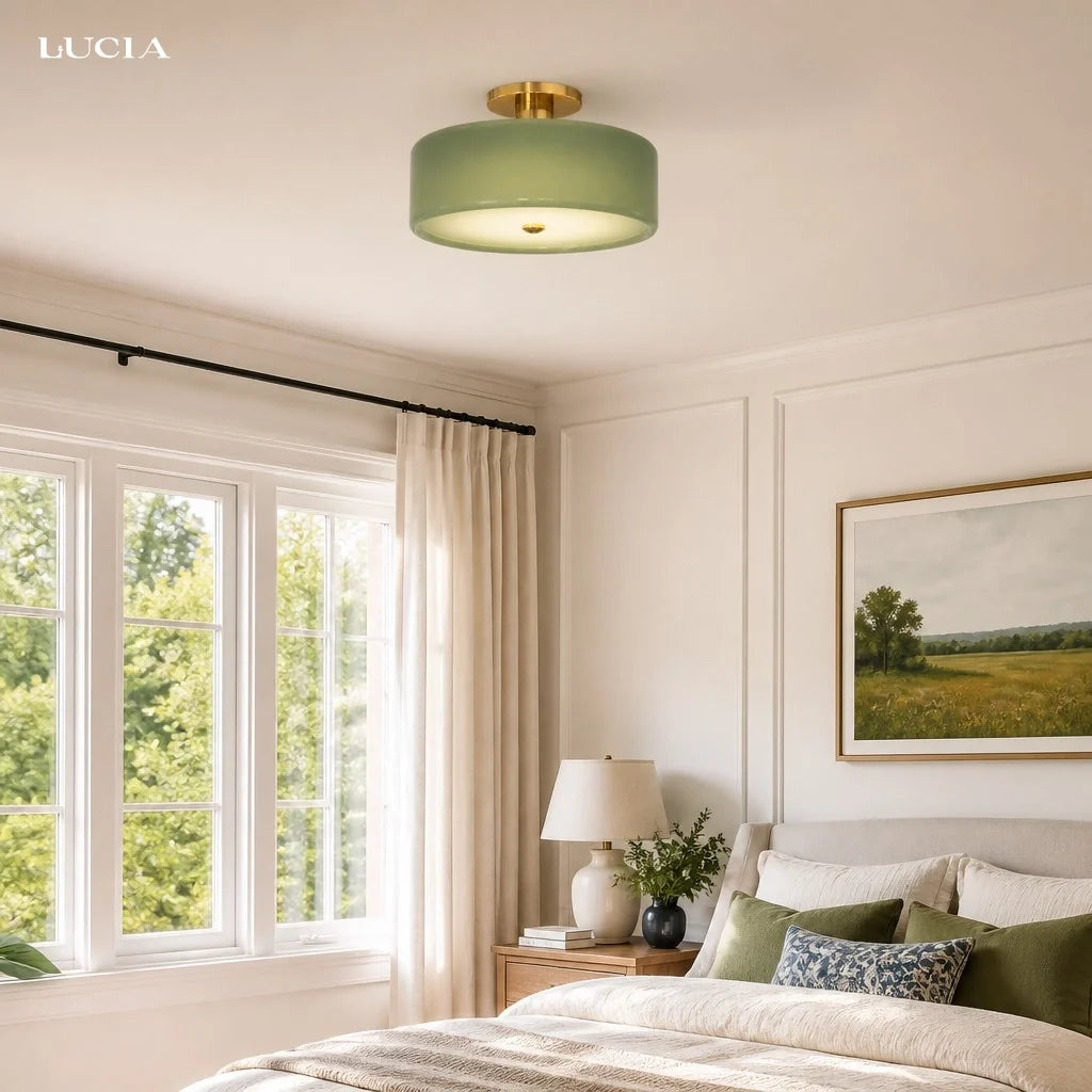 Evron Drum Semi Flush Mount Ceiling Light, Modern Glass and Porcelain Fixture