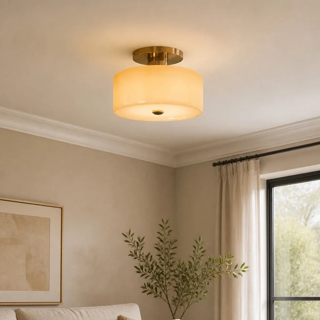 Evron Drum Semi Flush Mount Ceiling Light, Modern Glass and Porcelain Fixture