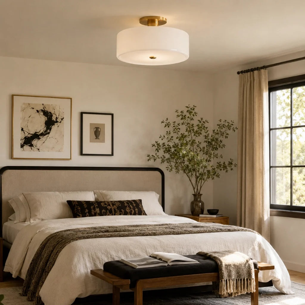 Evron Drum Semi Flush Mount Ceiling Light, Modern Glass and Porcelain Fixture