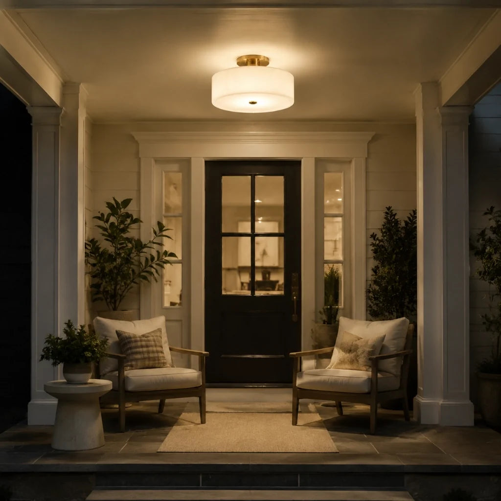 Evron Drum Semi Flush Mount Ceiling Light, Modern Glass and Porcelain Fixture