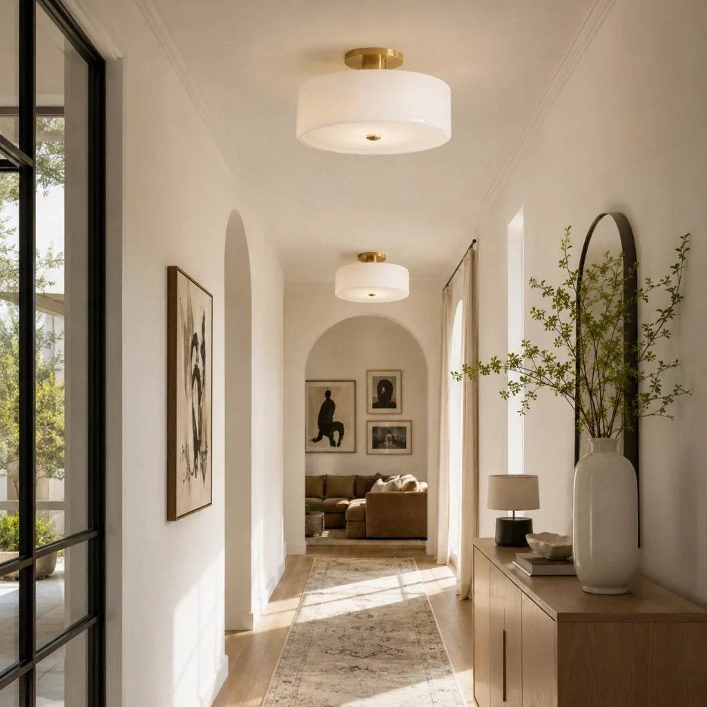 Evron Drum Semi Flush Mount Ceiling Light, Modern Glass and Porcelain Fixture