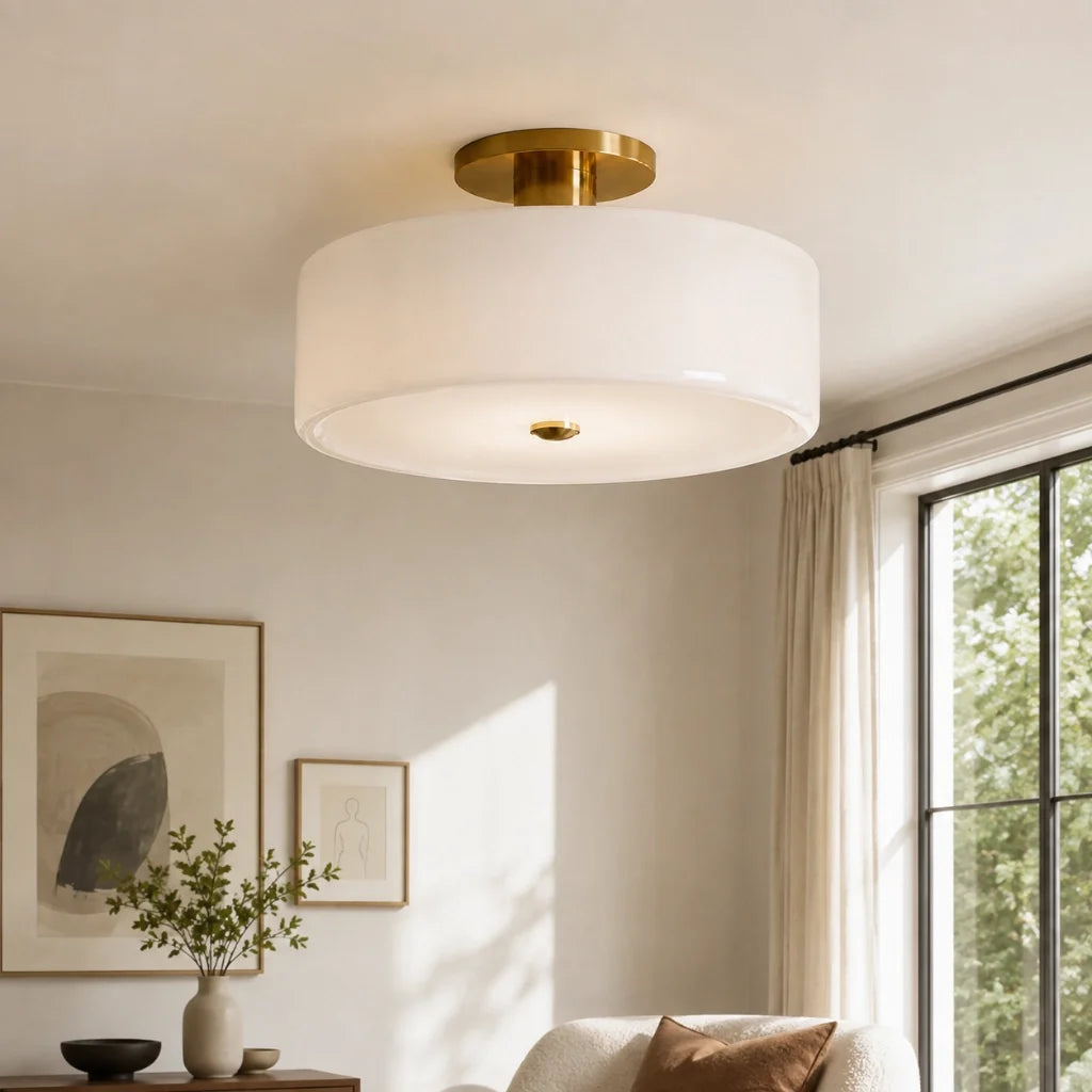 Evron Drum Semi Flush Mount Ceiling Light, Modern Glass and Porcelain Fixture