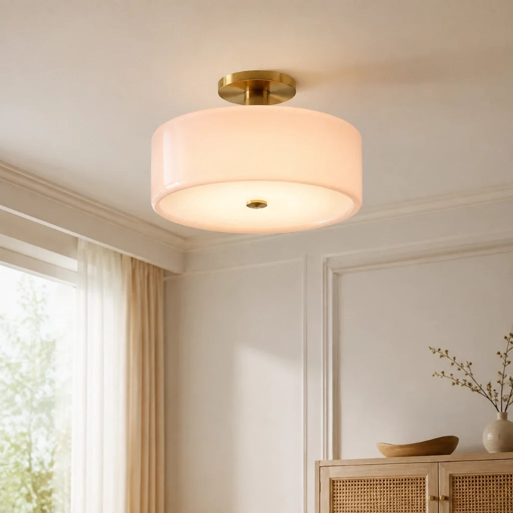 Evron Drum Semi Flush Mount Ceiling Light, Modern Glass and Porcelain Fixture