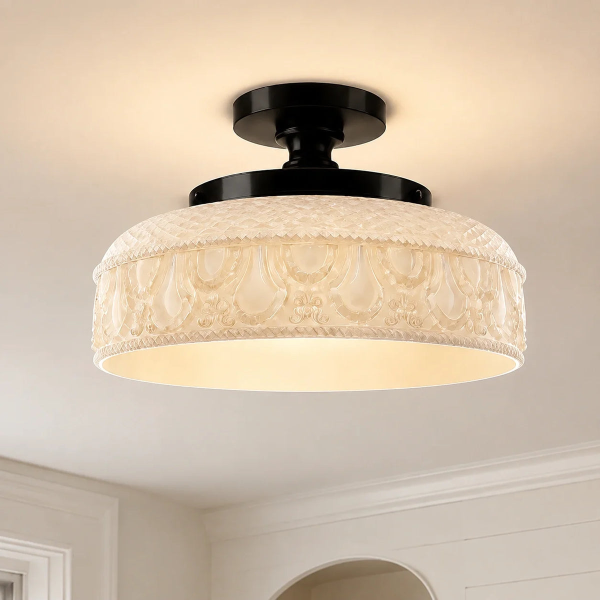 Jules Textured Glass Disc Ceiling Light, Modern Flush Mount Single-Light Fixture