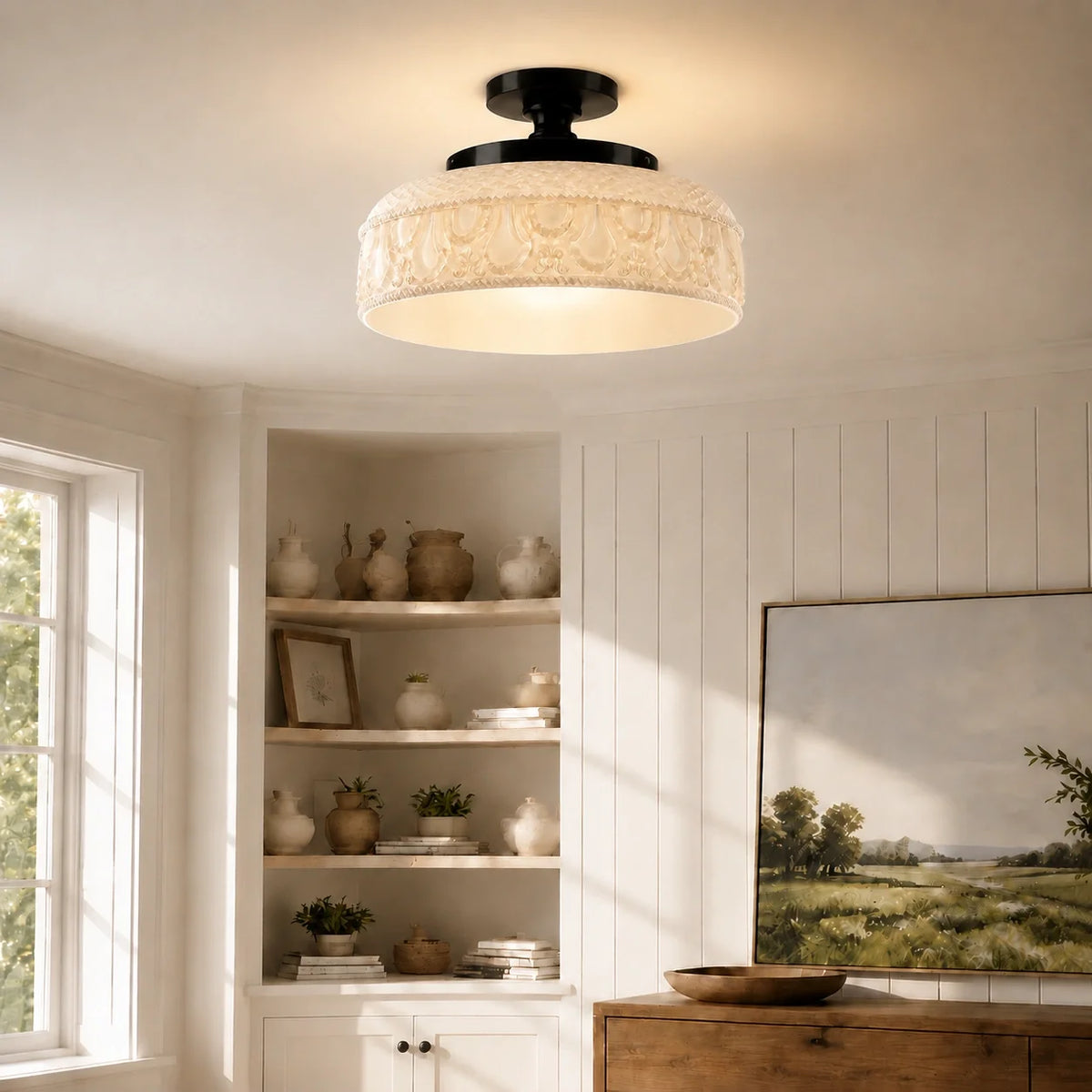 Jules Textured Glass Disc Ceiling Light, Modern Flush Mount Single-Light Fixture