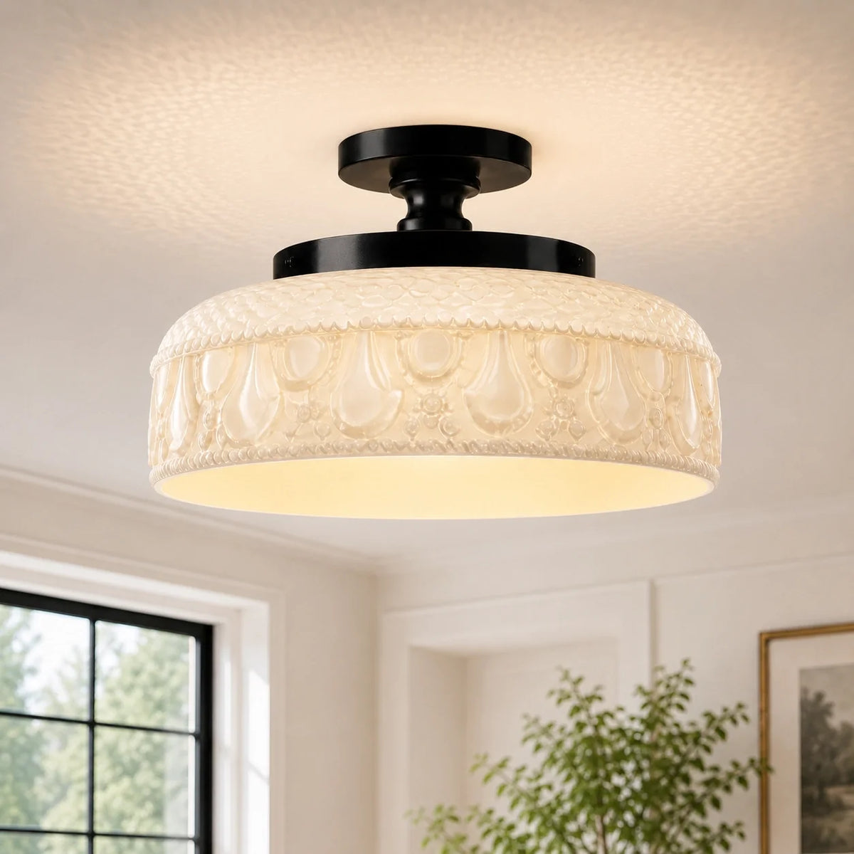 Jules Textured Glass Disc Ceiling Light, Modern Flush Mount Single-Light Fixture