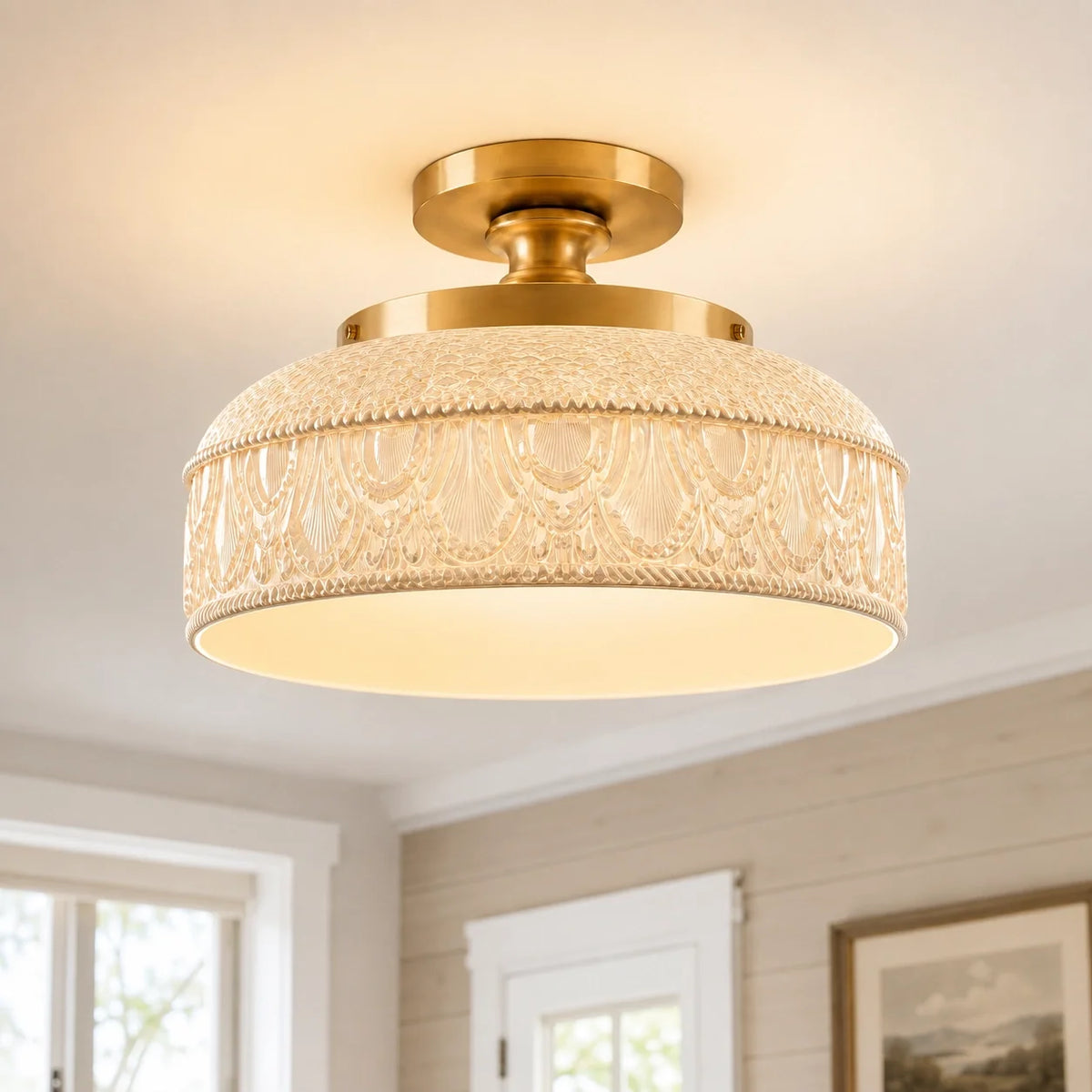 Jules Textured Glass Disc Ceiling Light, Modern Flush Mount Single-Light Fixture