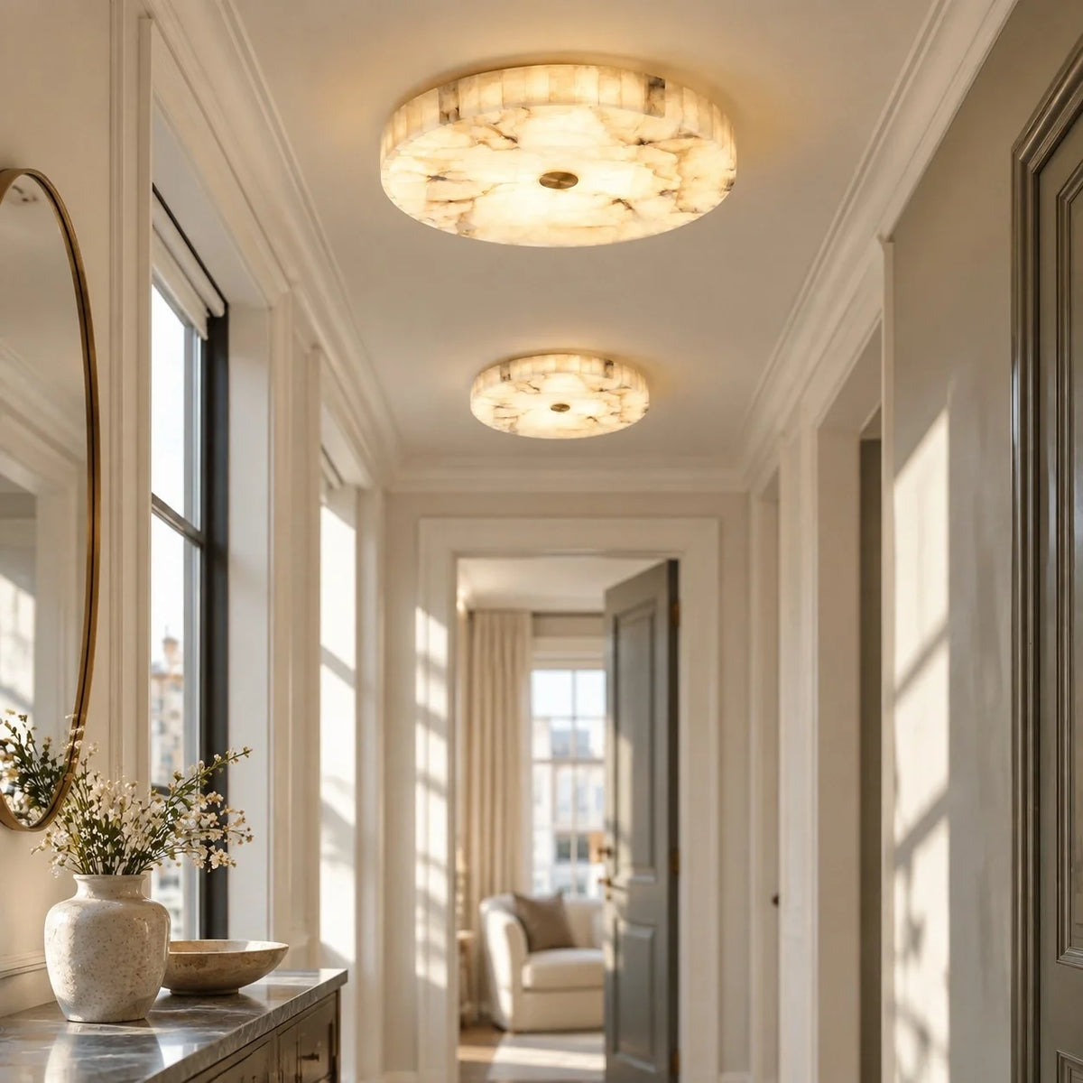Kelly Alabaster Round Ceiling Light, Modern Flush Mount Fixture