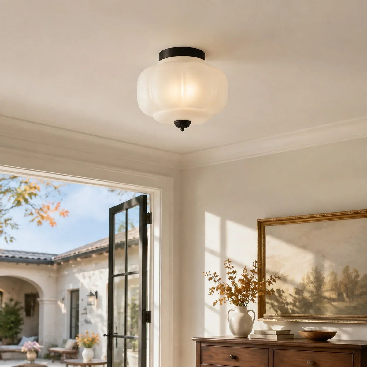 Milk Glass Semi Flush Mount Ceiling Light, Eloise Single-Light Vintage Fixture
