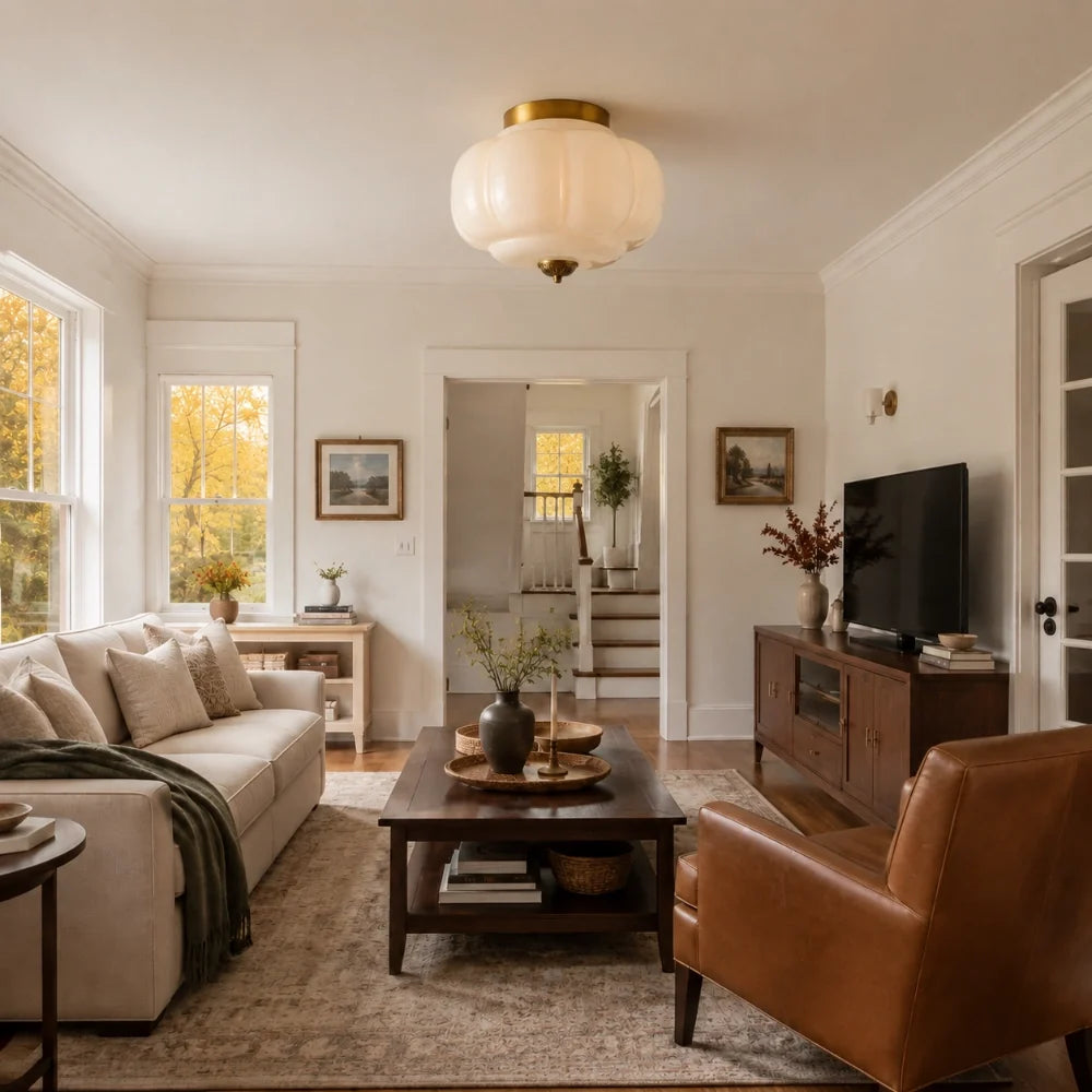 Milk Glass Semi Flush Mount Ceiling Light, Eloise Single-Light Vintage Fixture