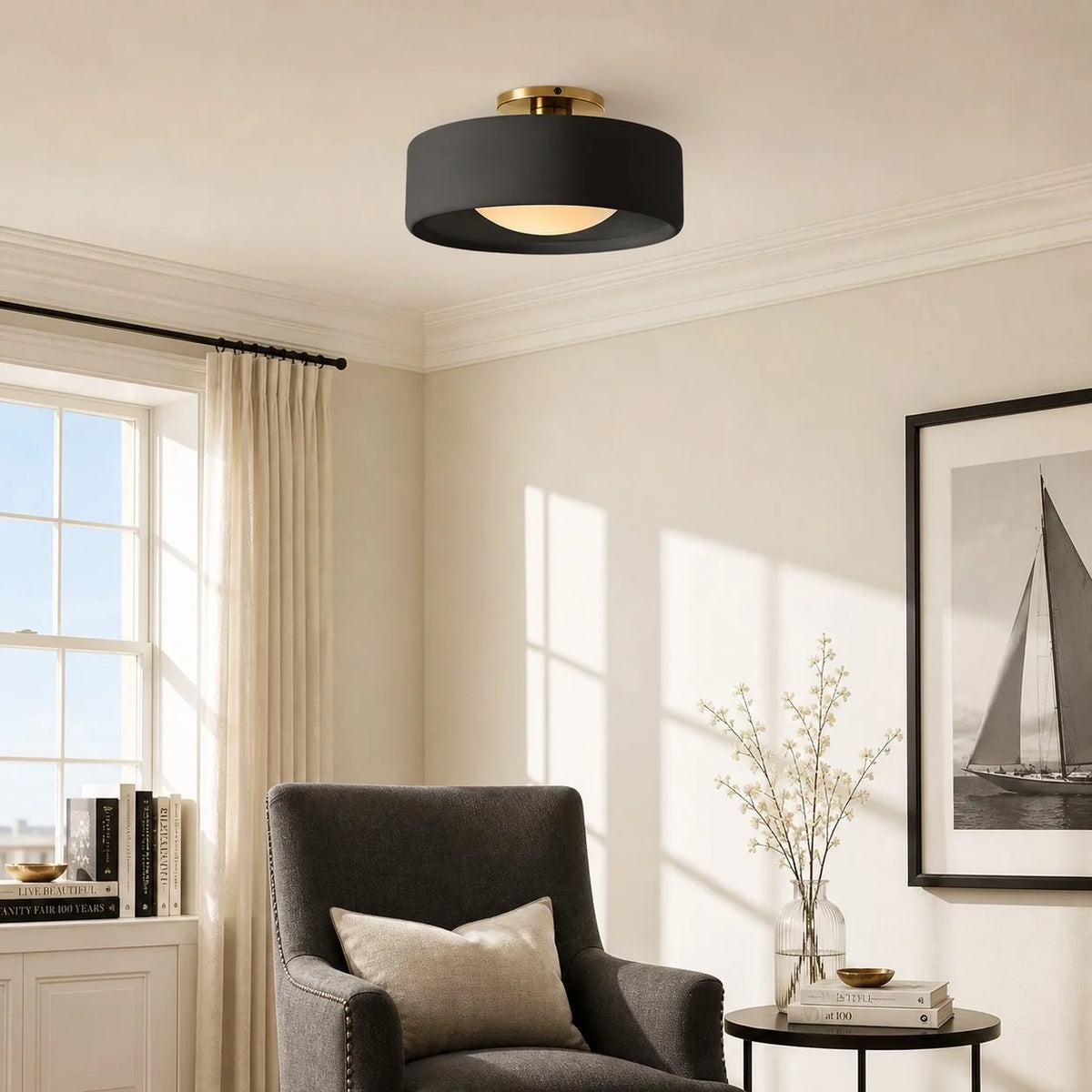 Porcelain Semi Flush Mount Ceiling Light, Single-Light Modern Ceramic Fixture